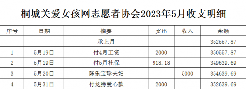 桐城关爱女孩网2023.5收支明细