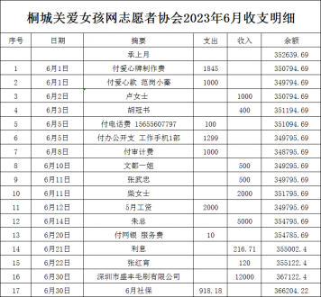 桐城关爱女孩网2023.6收支明细